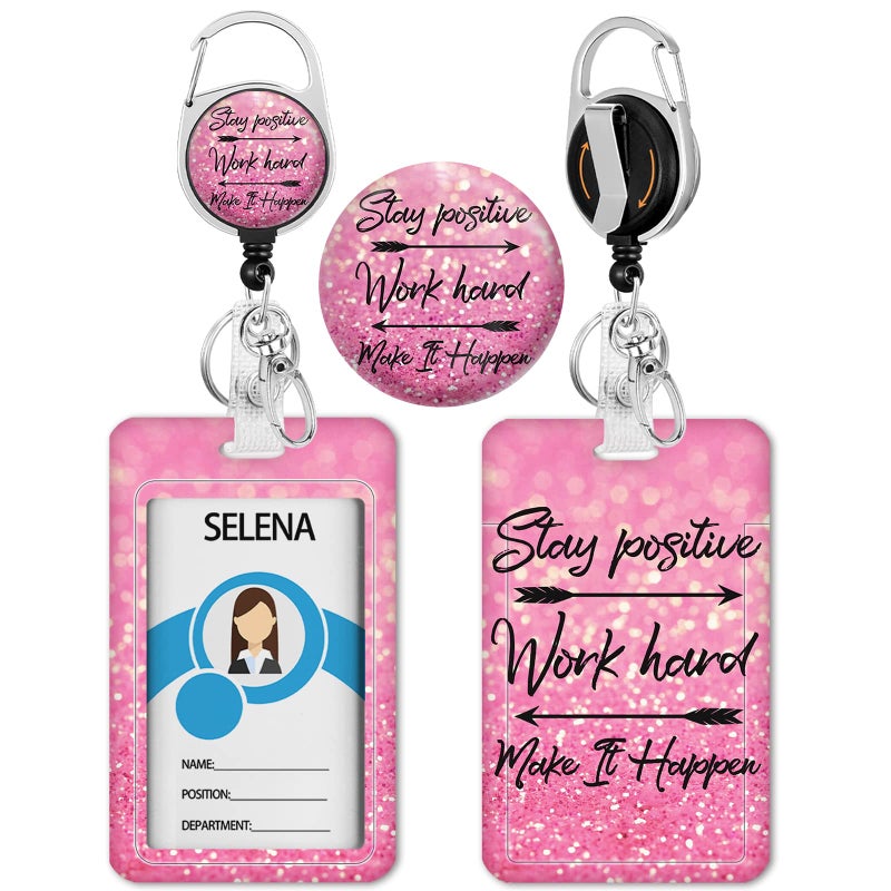 lebrocoli Positive Badge Holder with Retractable Reel  Funny Id Card Badge Case with Carabiner Clip Heavy Duty  Vertical Card Name Tag Badge Protector Cover for Work Office Nurse Teacher Women Student Gifts - Image 1